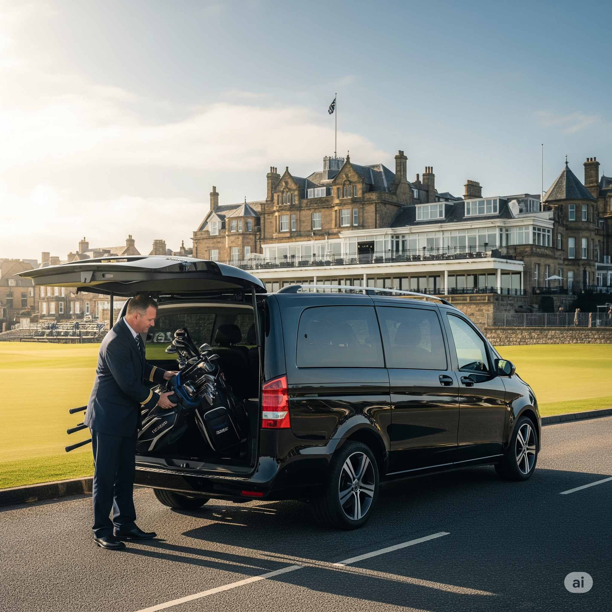 tourer-standrews chauffer driver unloading golf clubs from mercedes tourer at old course st andrews